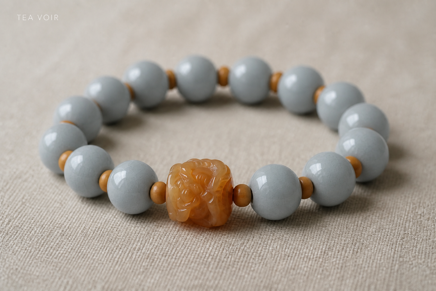 TEAVOIR RU Amber Bracelet ceramic glaze and carved focal bead detail
