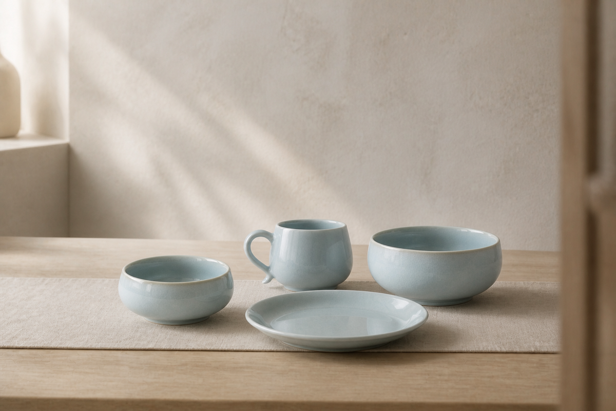 TEAVOIR Ru-inspired ceramic cup, plate, bowl, and mug arranged in morning light