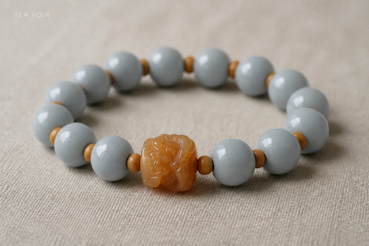 TEAVOIR RU Amber Bracelet ceramic glaze and carved focal bead detail